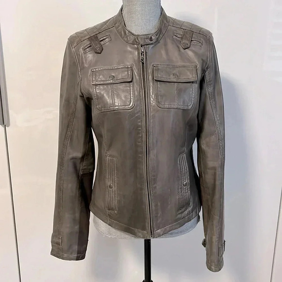 DANIER Taupe Brown Genuine Leather Moto Jacket Like New, Size S - Picture 1 of 13
